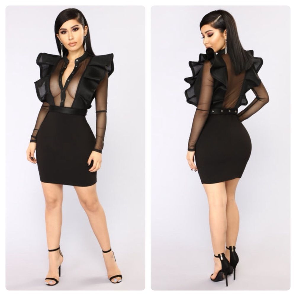 Black Ruffle Sheer Sleeve Bodycon Dress